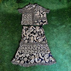 City Blues Navy Patterned Skirt and Button-Down Shirt, Size L